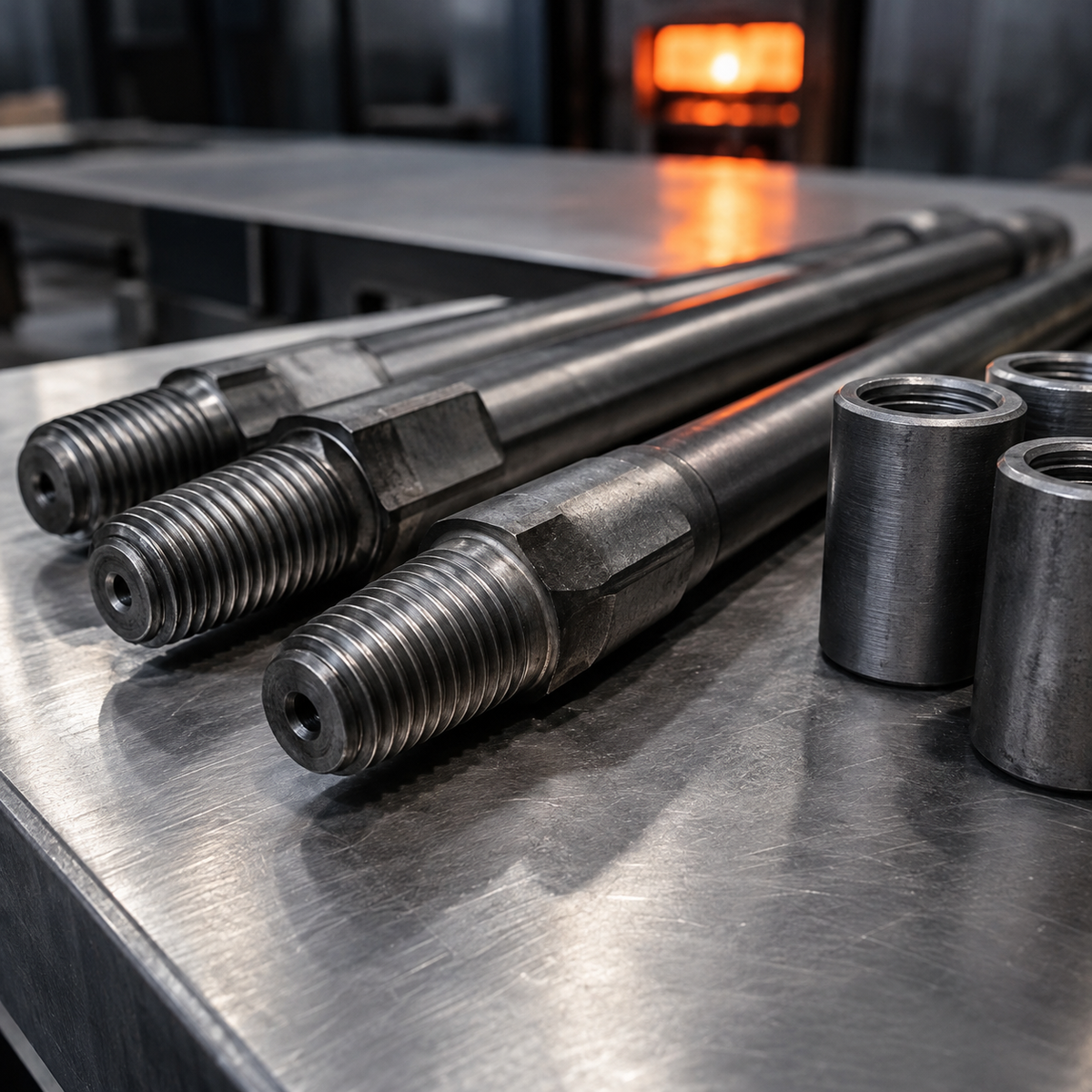 Top hammer drill rods and coupling sleeves on a steel inspection bench
