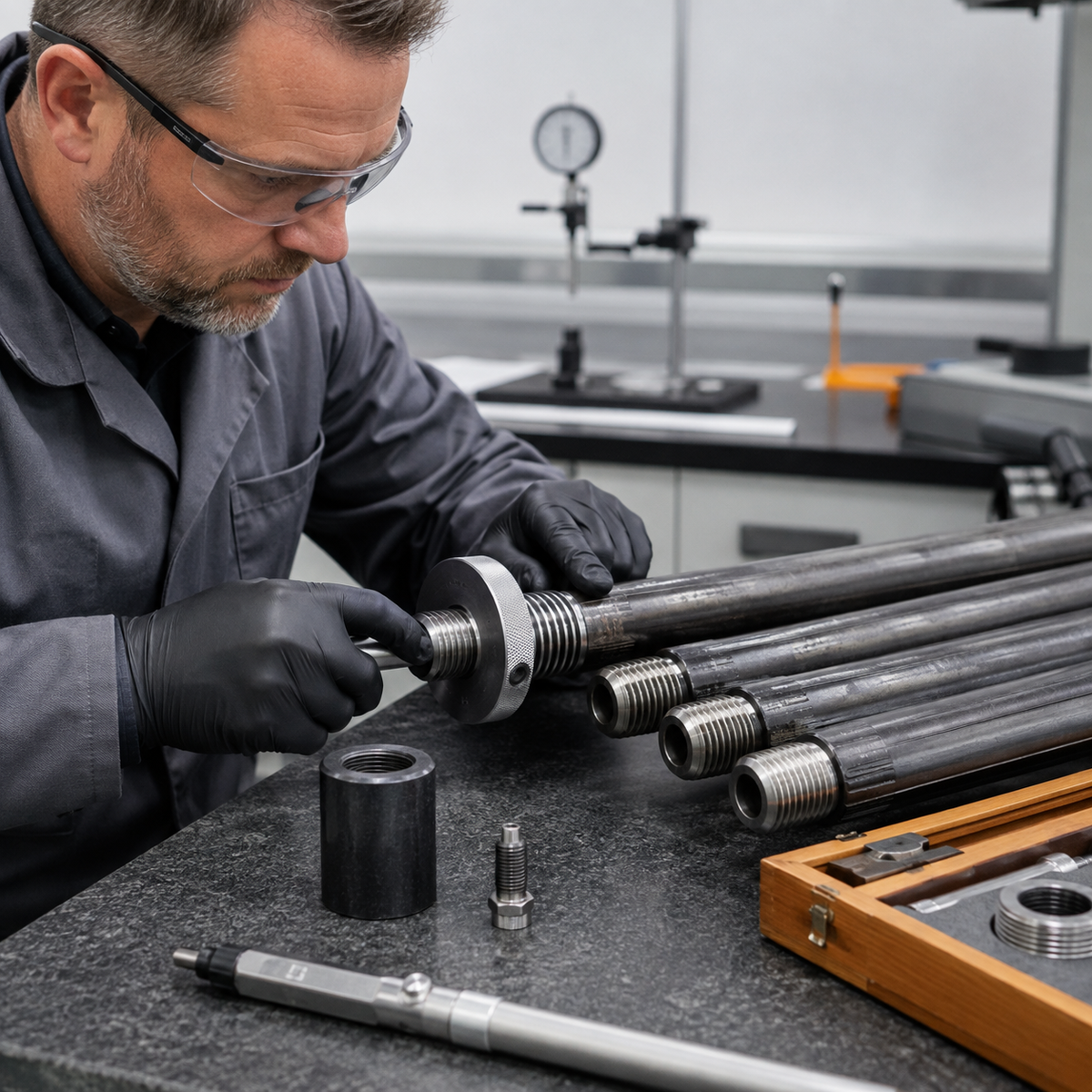 Inspector checking rock drill rod threads with a precision ring gauge