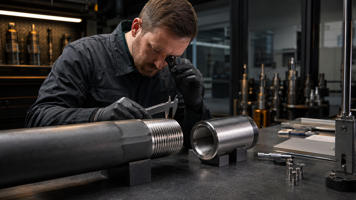 Technician inspecting top hammer drill rod thread pitch and profile at a metrology bench