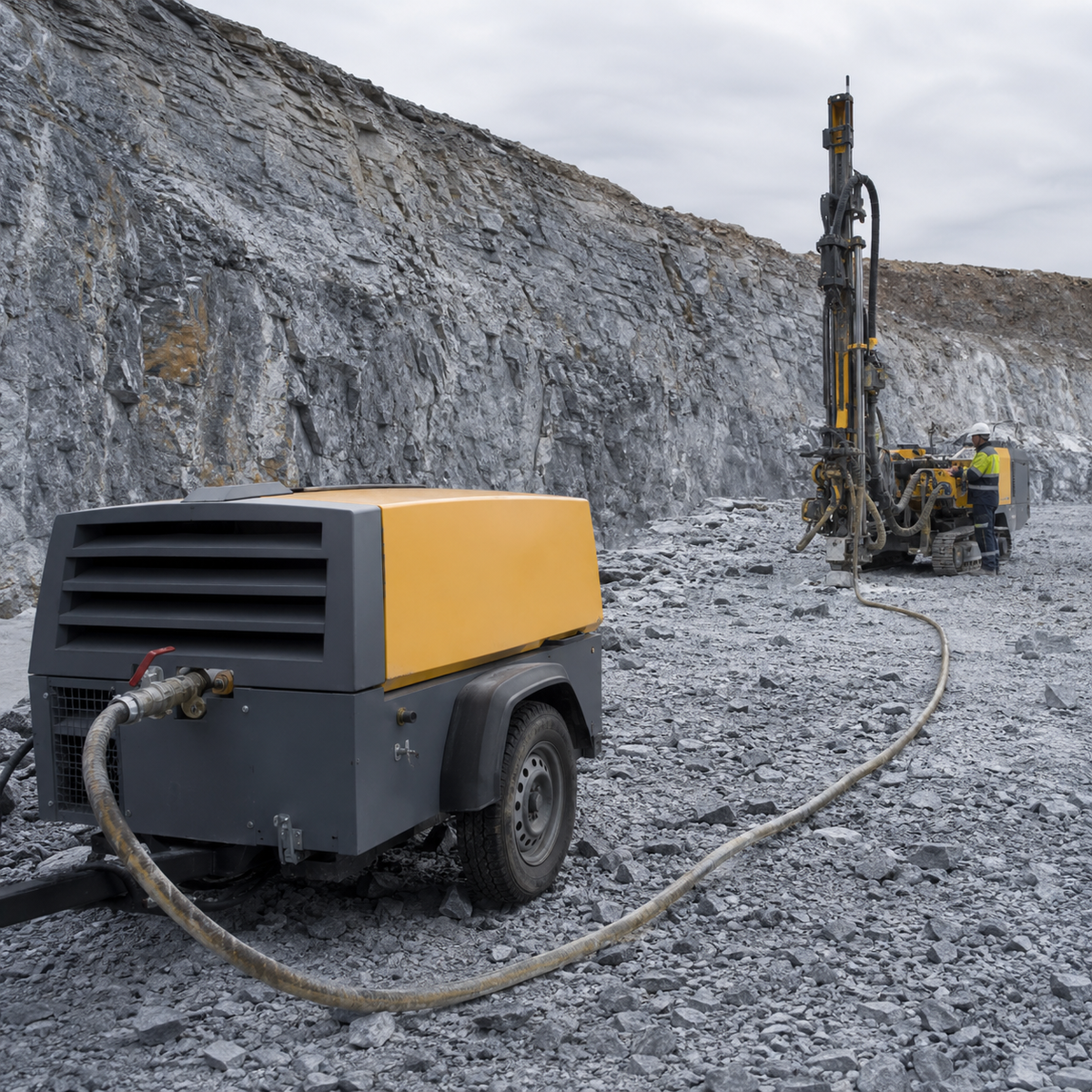 Portable compressor supplying compressed air to a quarry rock drilling rig