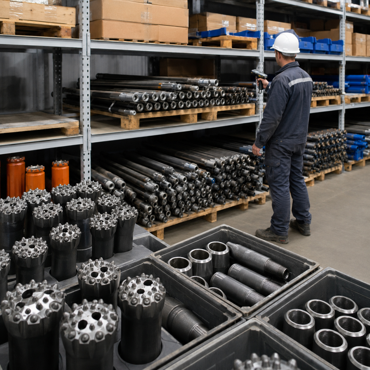 Organized inventory of drill rods, bits, and couplings in a maintenance storeroom