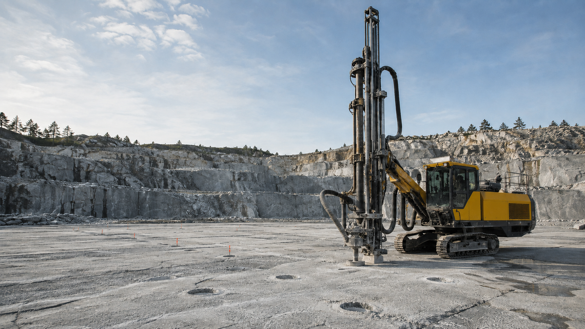 Surface drill rig aligned at a blast-hole collar on a hard-rock quarry bench