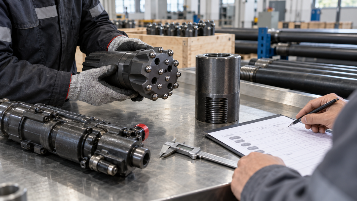 Rock drilling tools being reviewed against an order checklist before shipment
