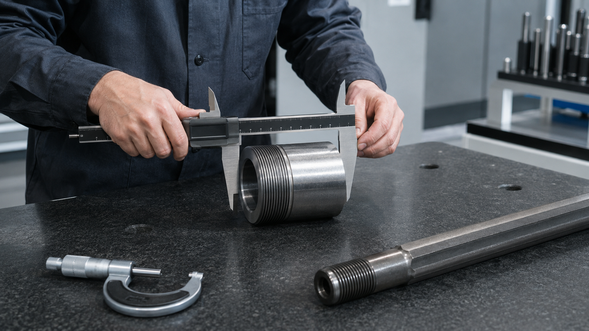 Inspector measuring a threaded rock drilling component with a caliper
