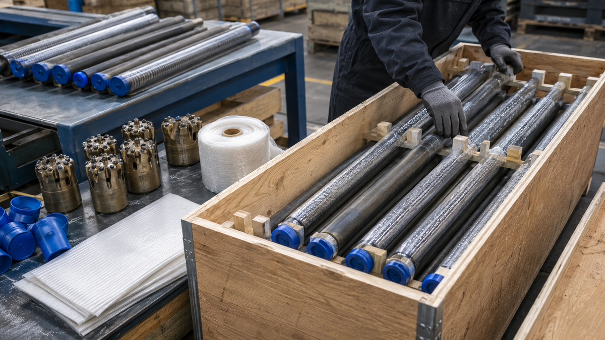 Rock drilling rods and button bits protected and crated for export shipment