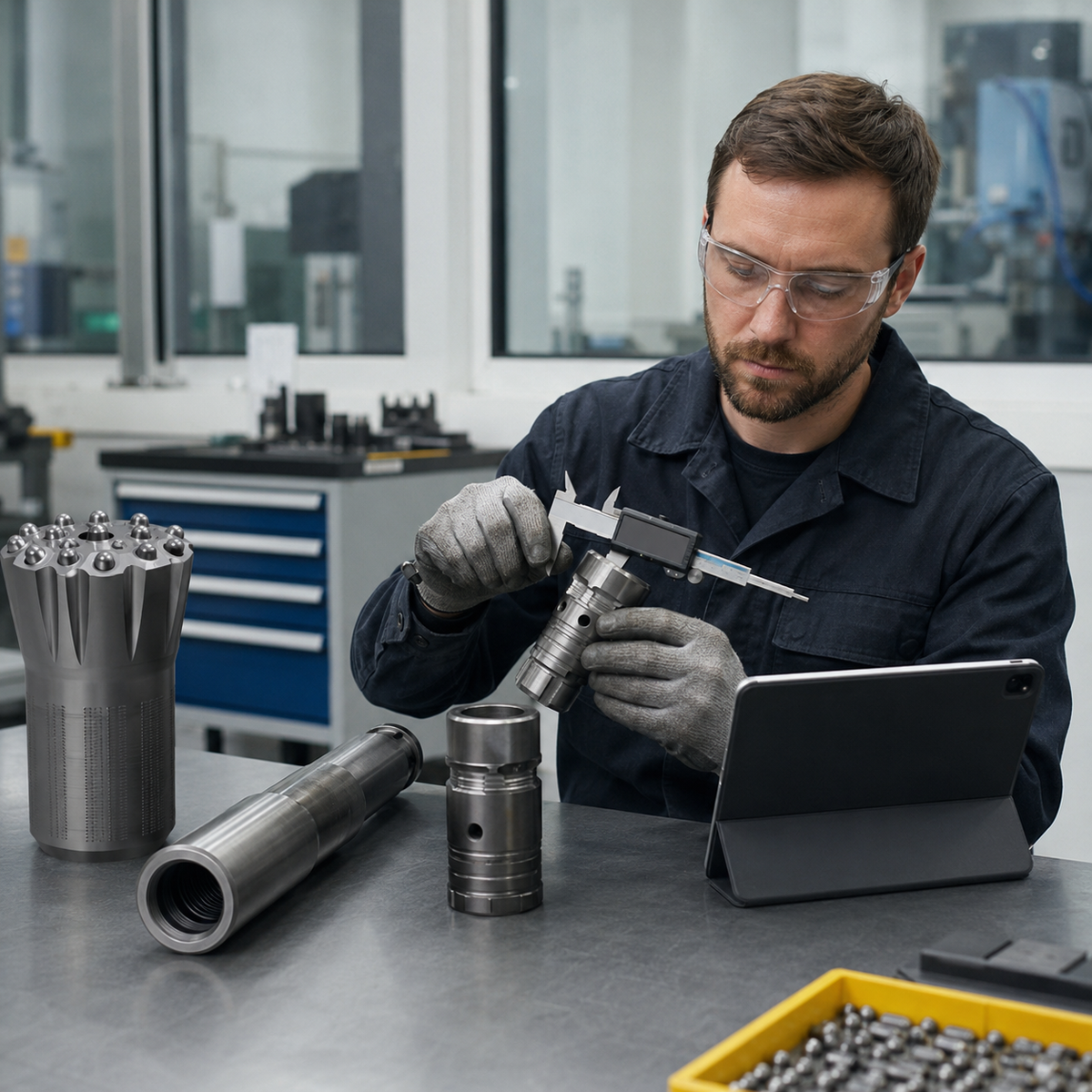 Inspector performing first article inspection on generic rock drilling tool components