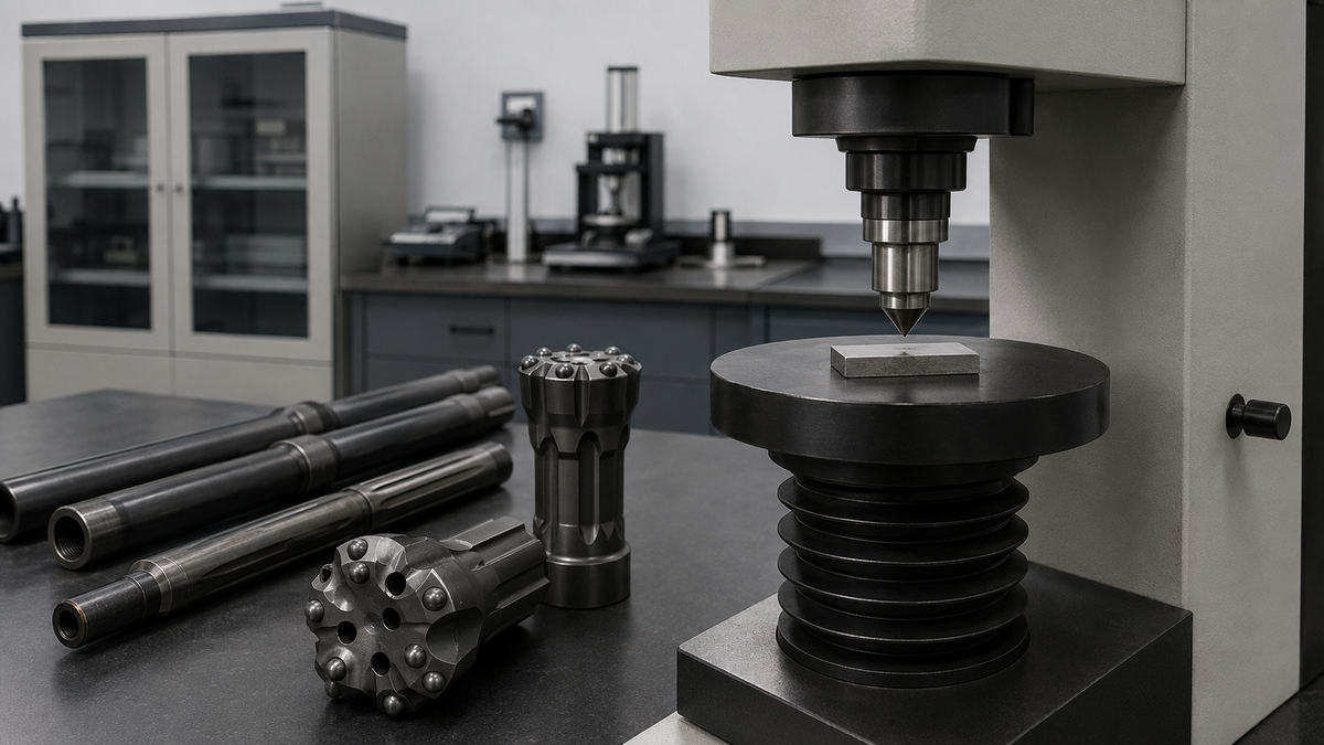 Hardness tester examining a steel sample beside rock drilling tool components