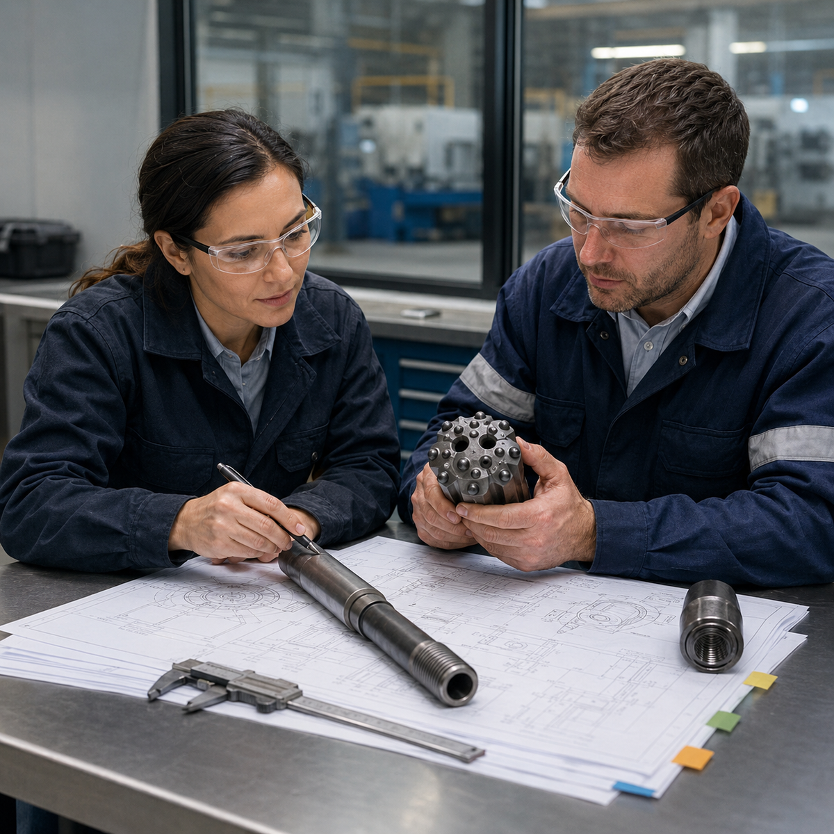 Buyer and quality engineer reviewing rock drilling tool specifications before order release