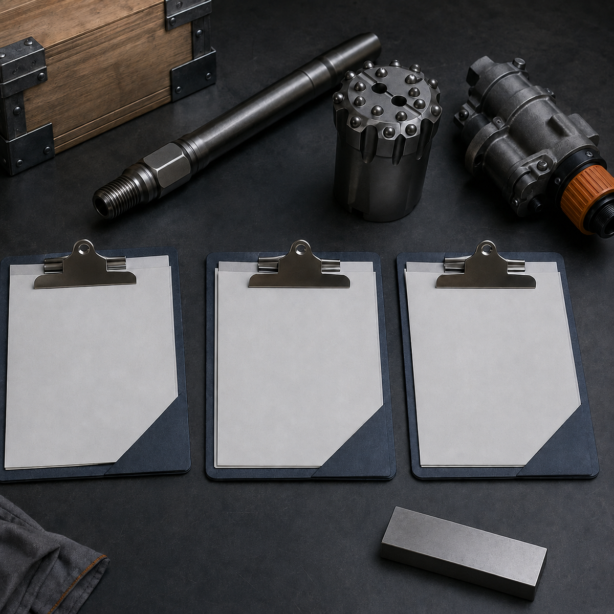 Three blank quotation sheets beside rock drilling tools, a shipping crate, and an inspection gauge