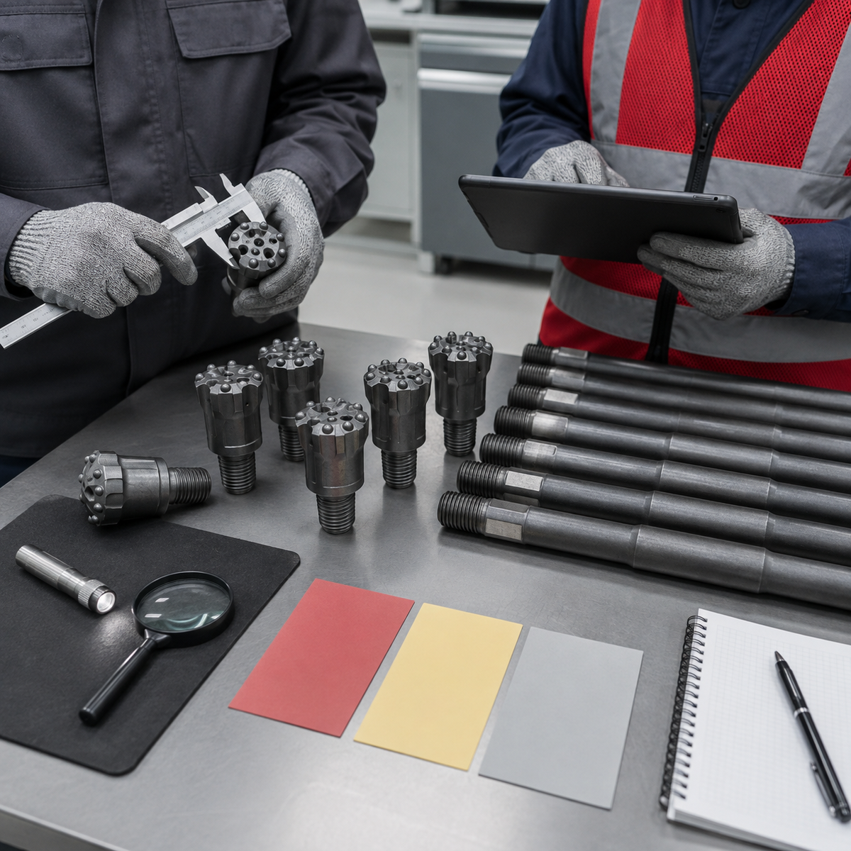 Quality team inspecting rock drilling tools after a supplier nonconformance