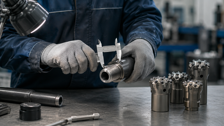 Inspector measuring a drill rod thread during supplier sample qualification