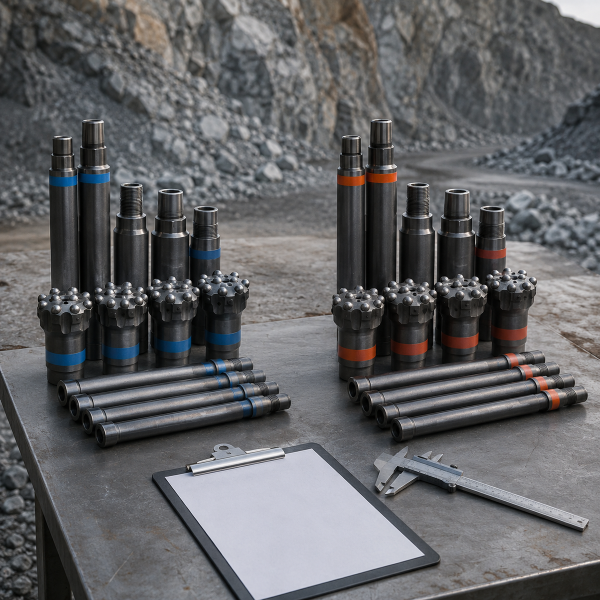 Candidate and baseline rock drilling tools prepared for a controlled field trial
