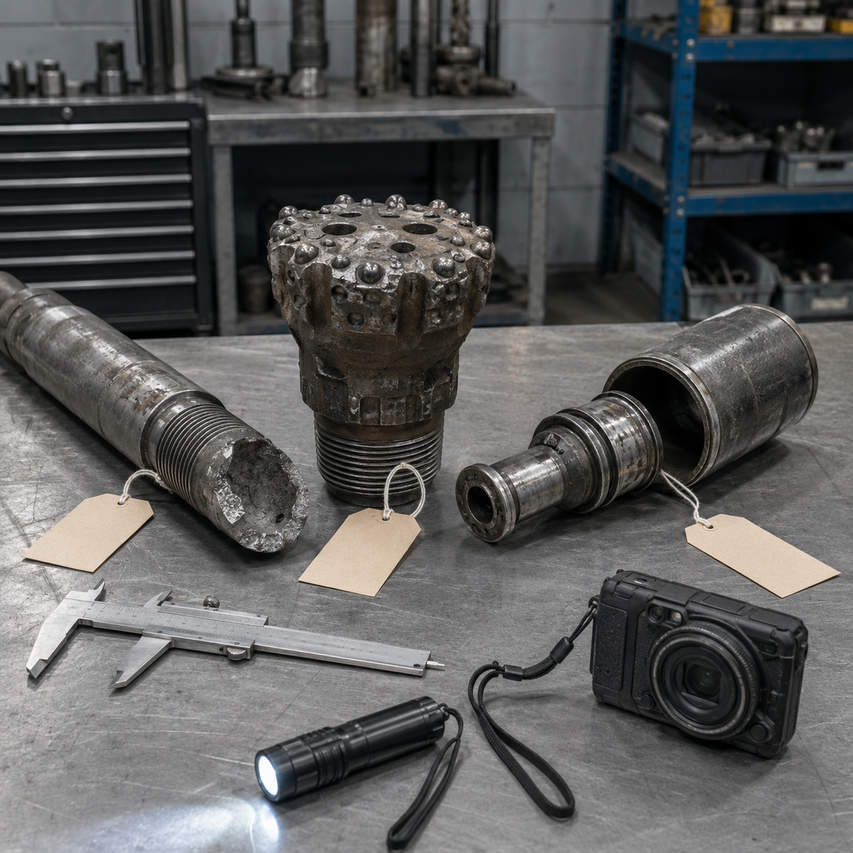 Failed rock drilling tools arranged for warranty claim inspection