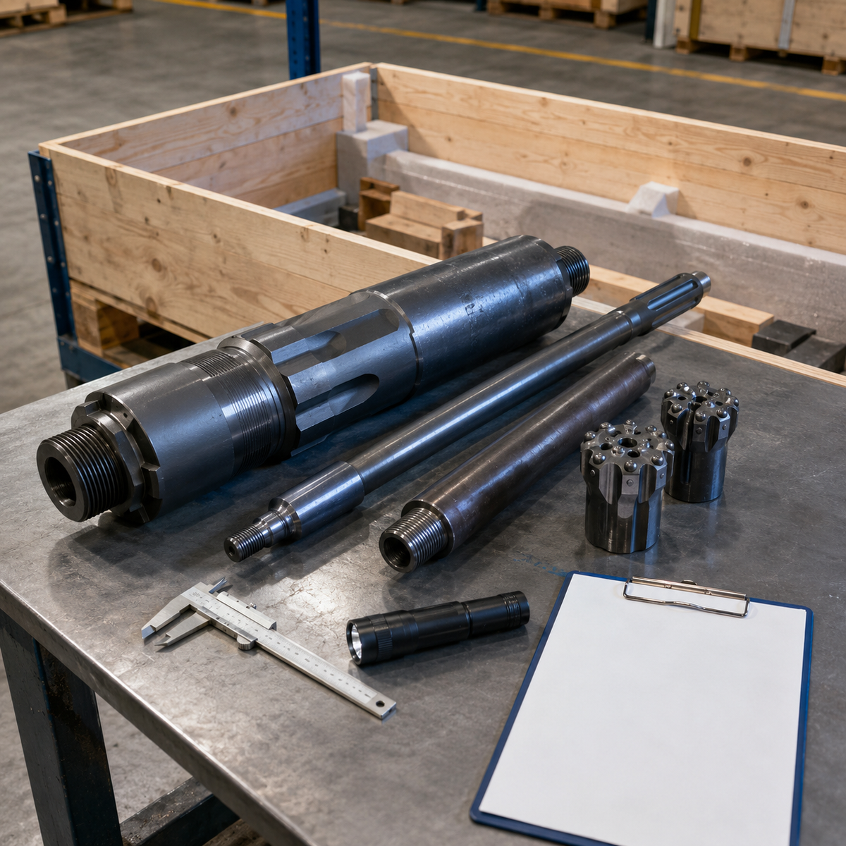 Rock drilling tools arranged for incoming inspection at a warehouse receiving bench