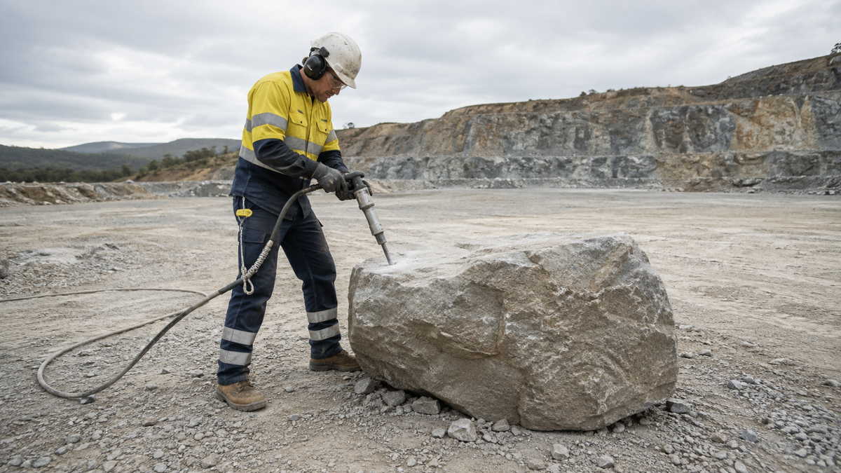 Worker drilling a stable quarry boulder with a hand-held pneumatic rock drill