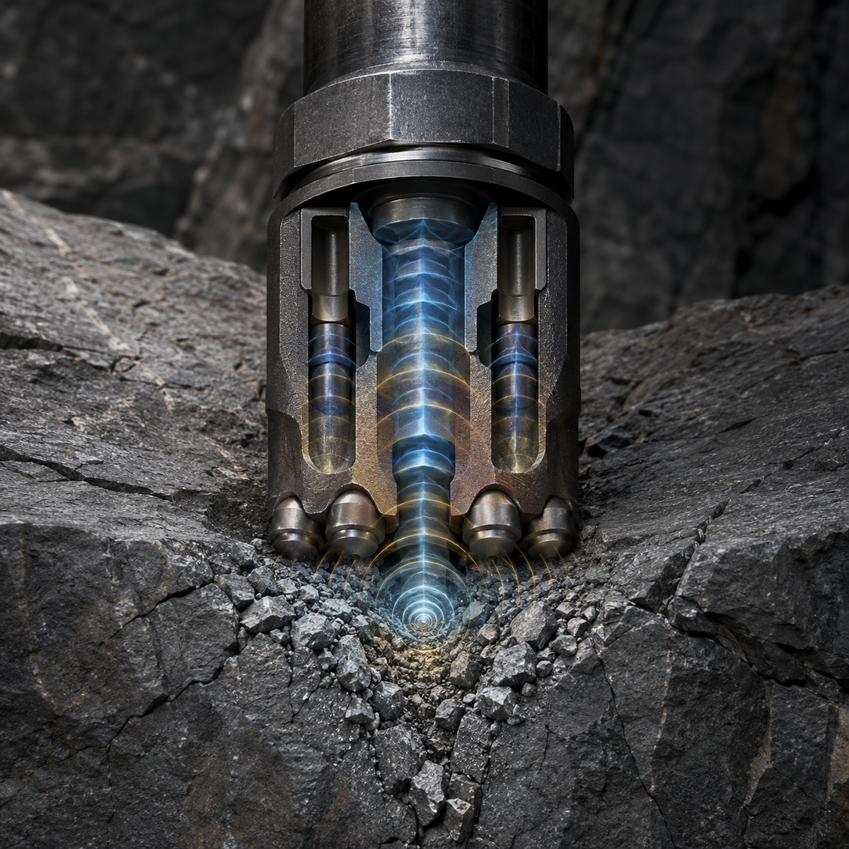 Button drill bit transferring impact energy into fractured hard rock
