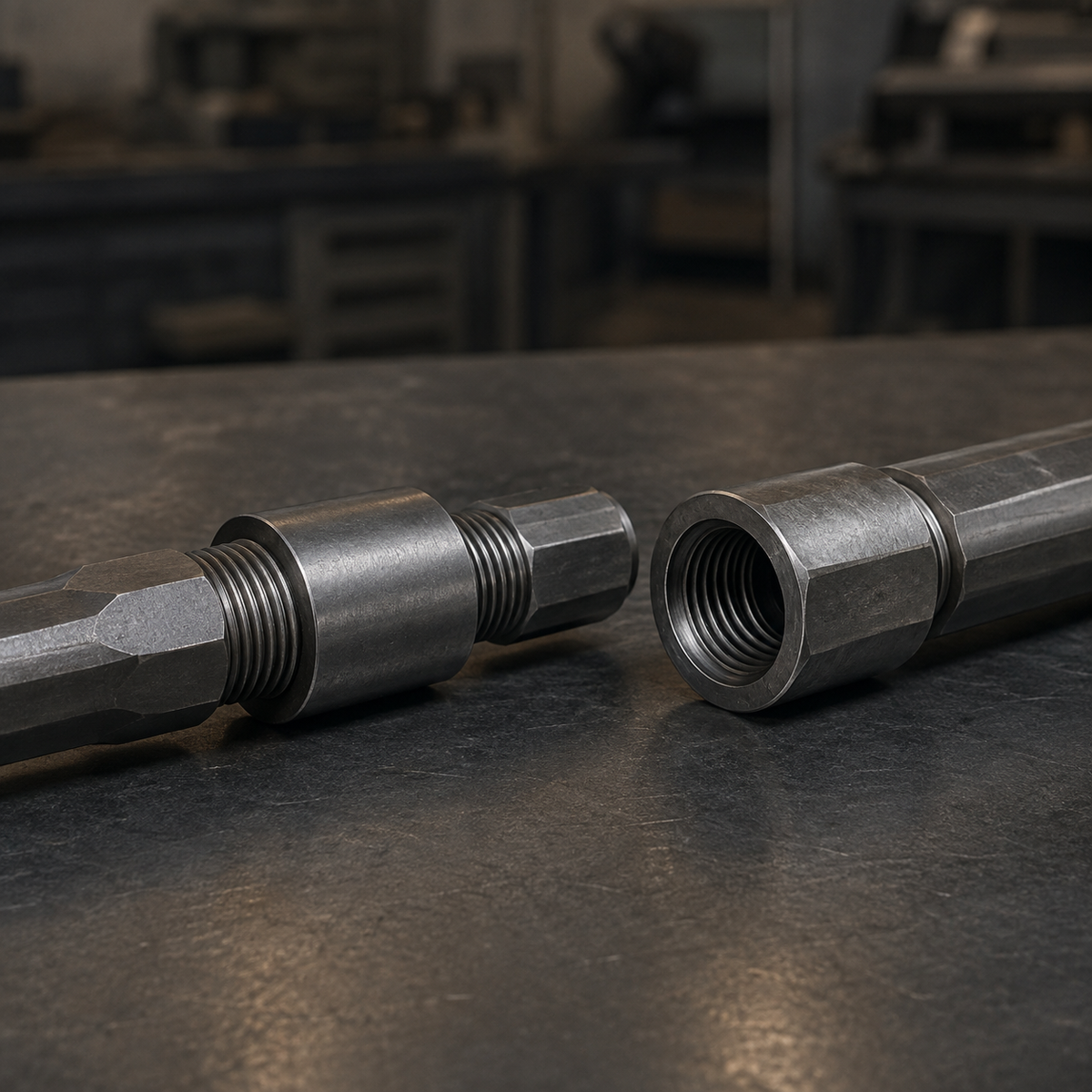T38 male-male extension rod with coupling sleeve beside a male-female speed rod connection