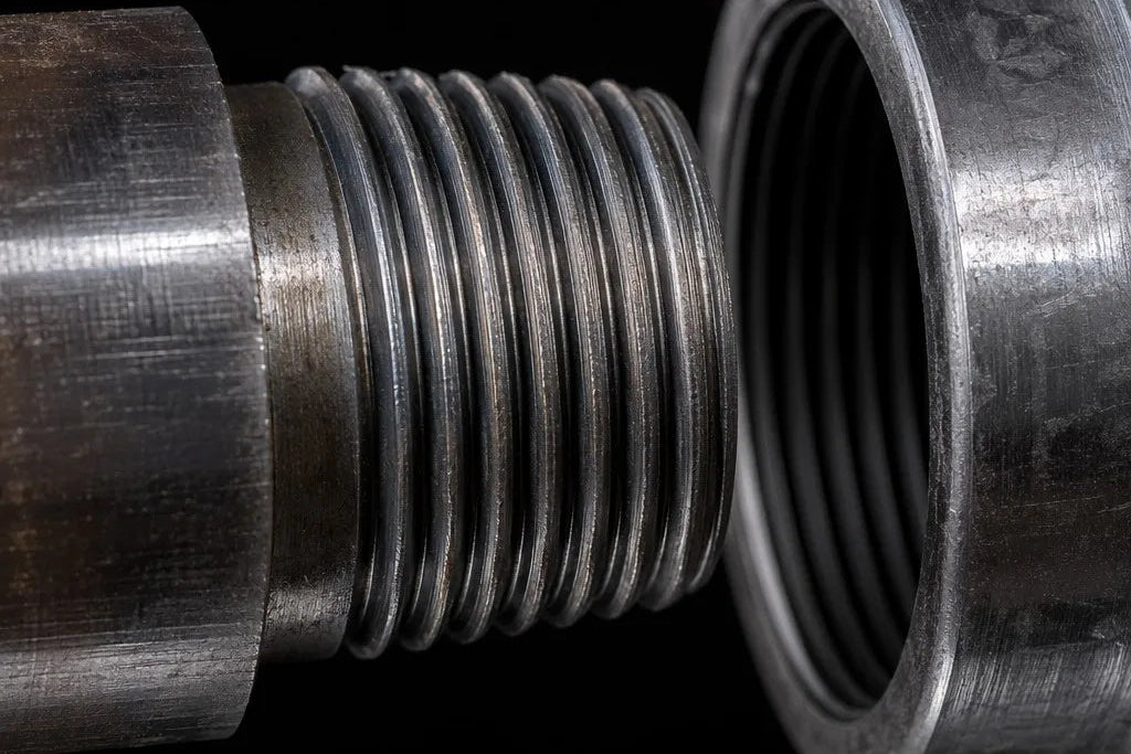 Close-up of a T38 rope thread on a top-hammer extension rod used to illustrate T38 vs T45 drill-string compatibility