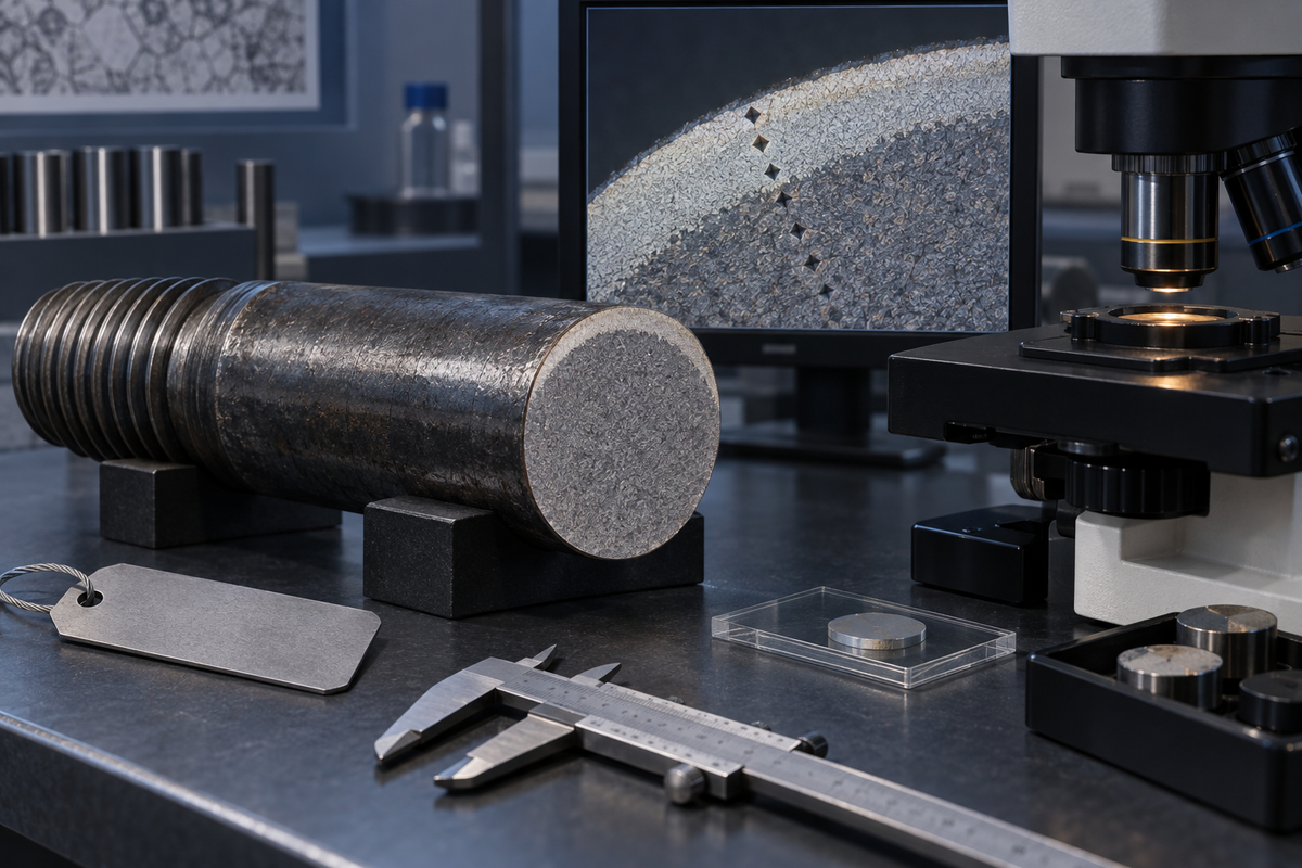 Top hammer drill rod cross-section under metallurgical inspection with a microhardness traverse from surface to core