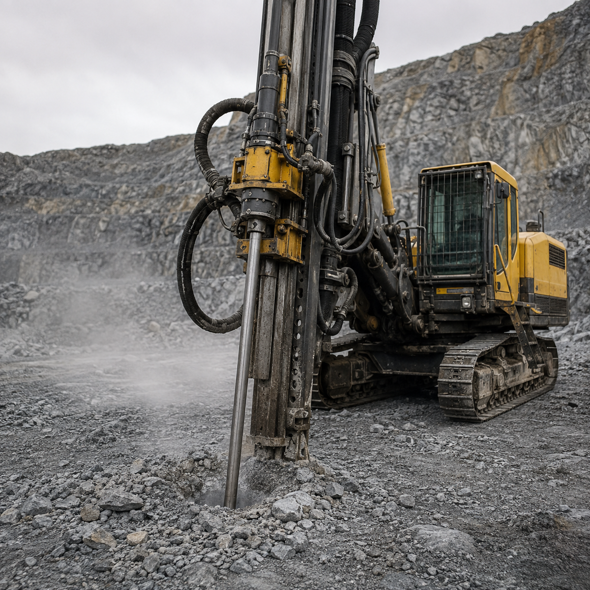 Top-hammer drill rig operating with a straight extension rod on a quarry bench