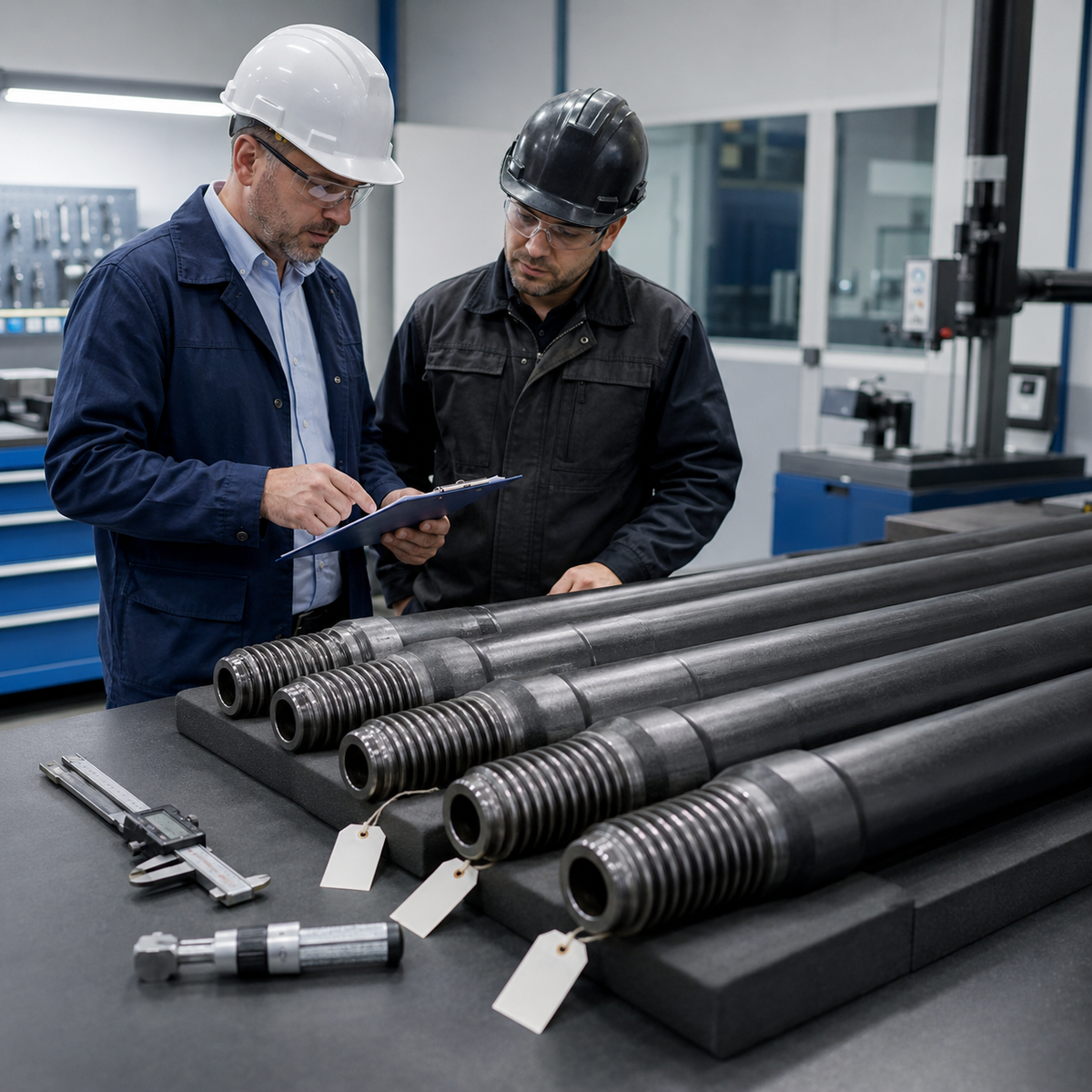 Buyer and supplier reviewing an inspection plan beside top hammer drill rods