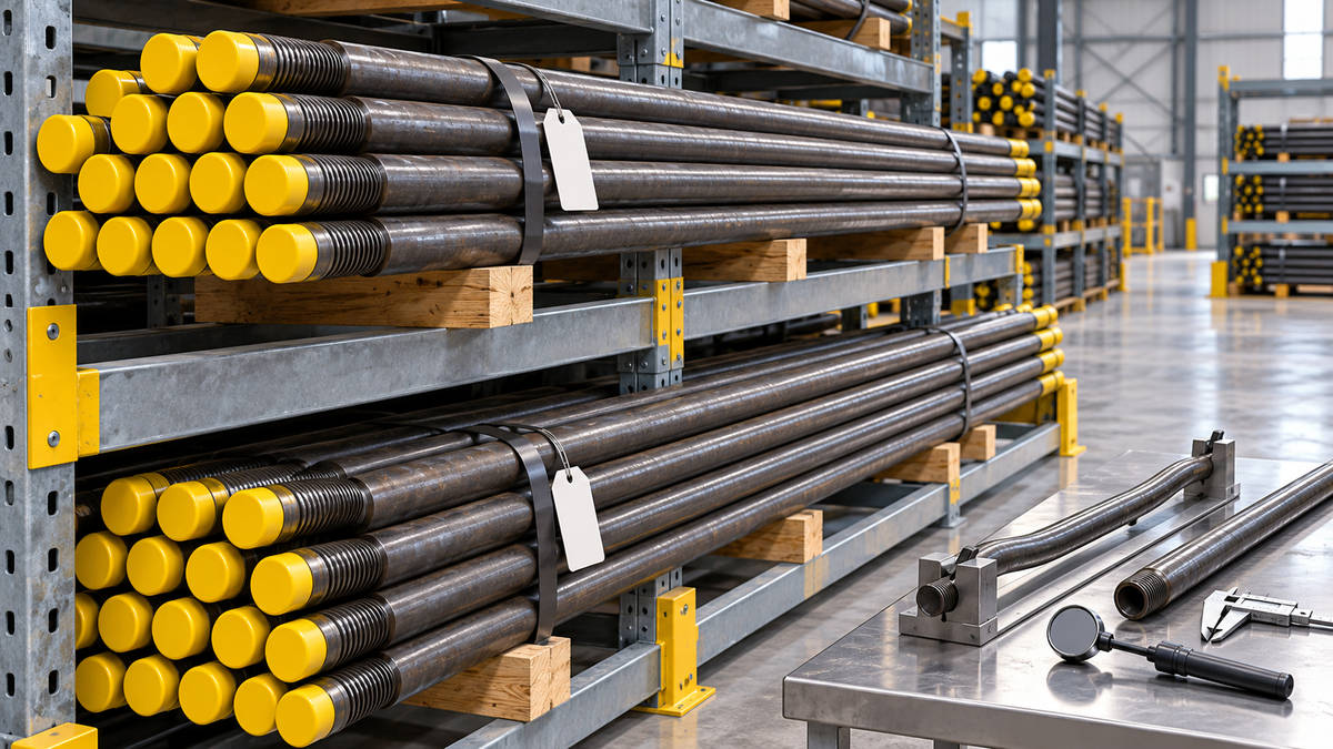 Top-hammer drill rods stored on supported racks with thread protectors and inspection tools