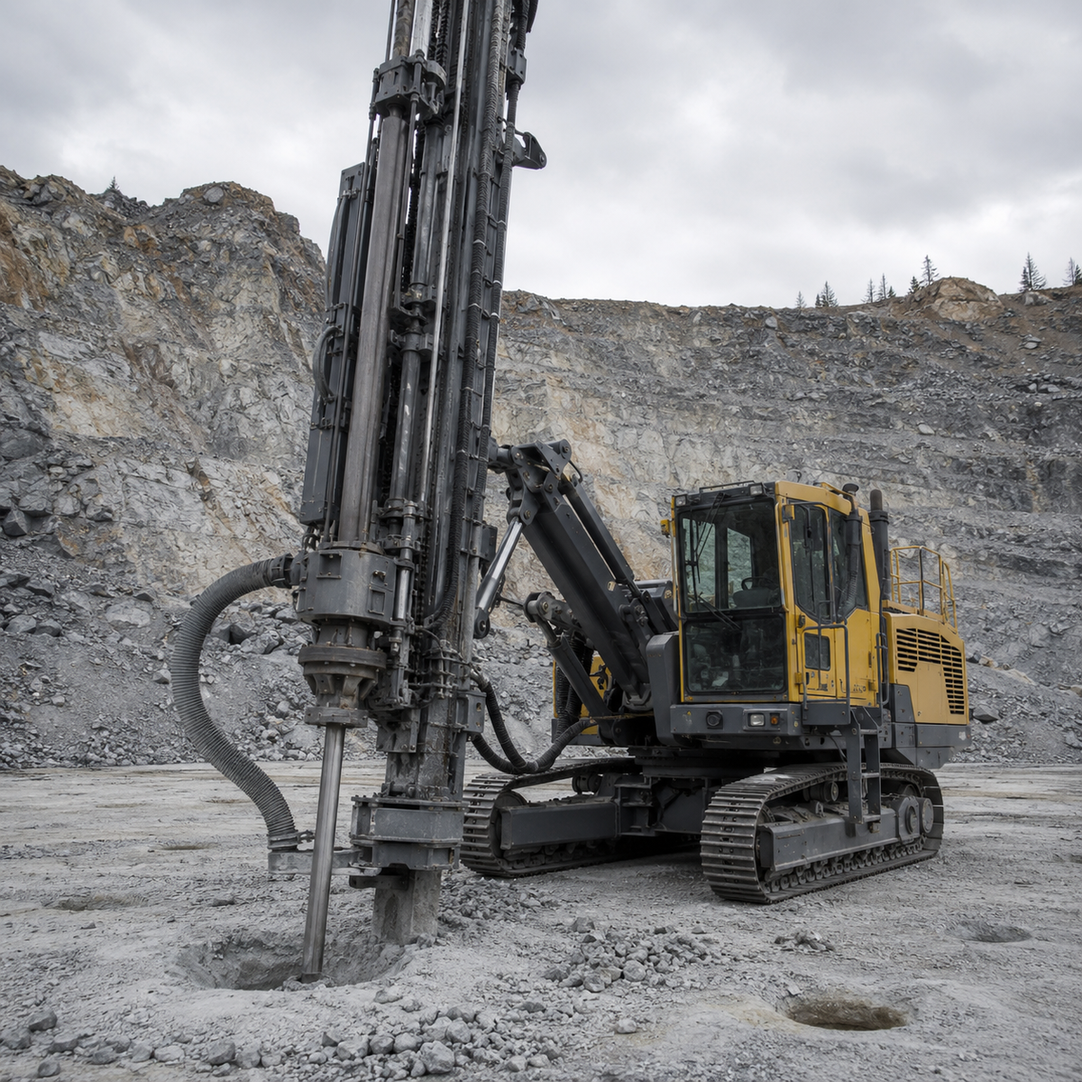 Top-hammer drill rig operating with the feed beam and drill rod visible on a quarry bench