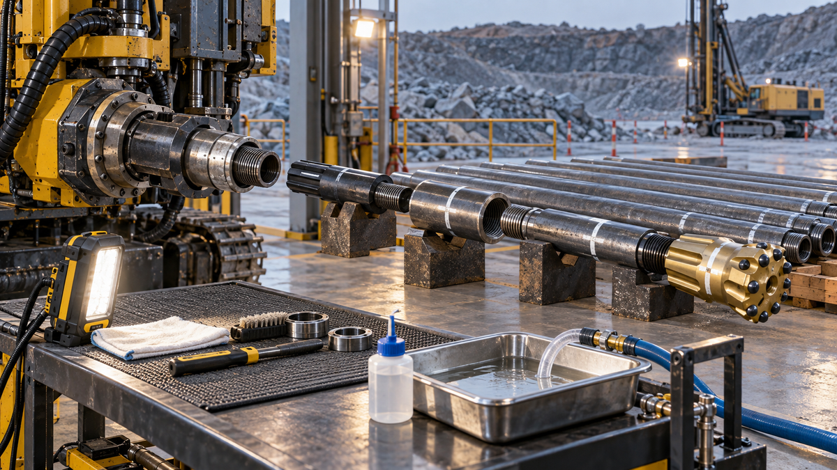 New top-hammer rods, couplings, shank adapter and bit arranged for staged first-hole commissioning