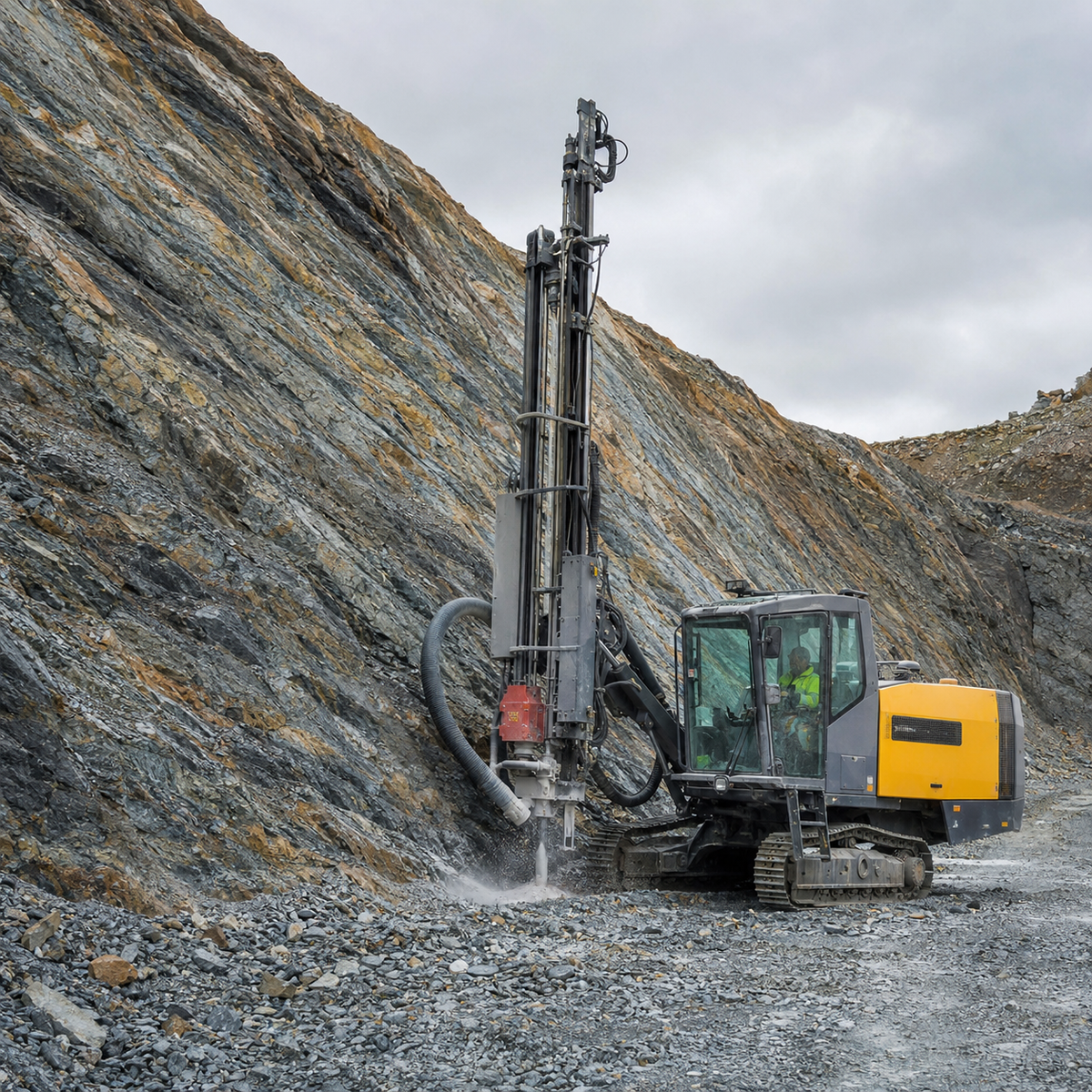 Top hammer drill rig working in strongly foliated quarry rock
