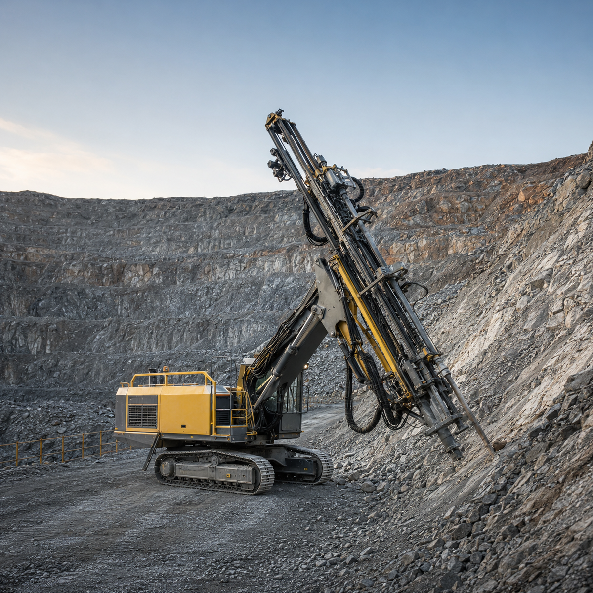 Top-hammer drill rig aligned for an inclined hole on a prepared quarry slope