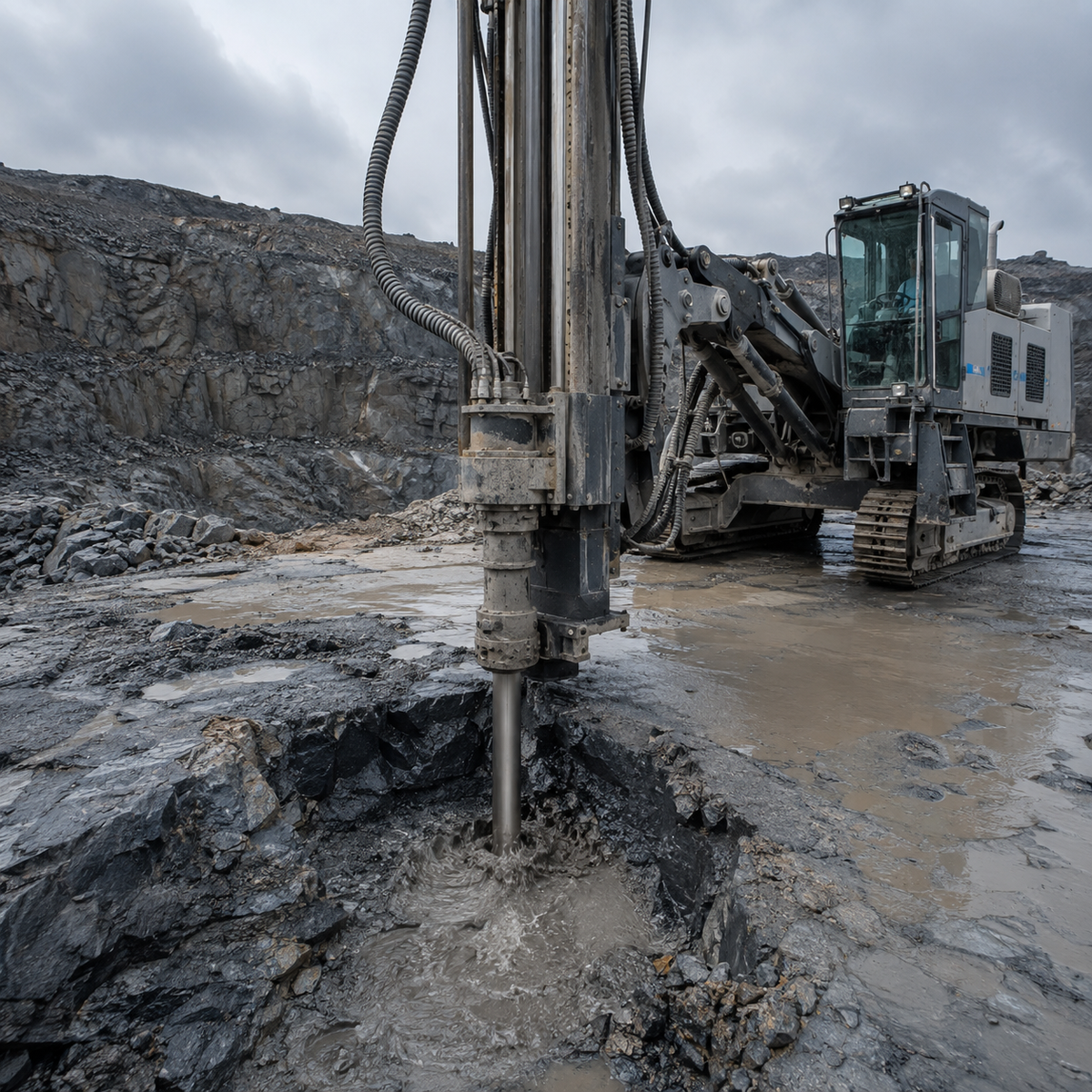 Top hammer drill rig working in wet water-bearing rock at a quarry bench