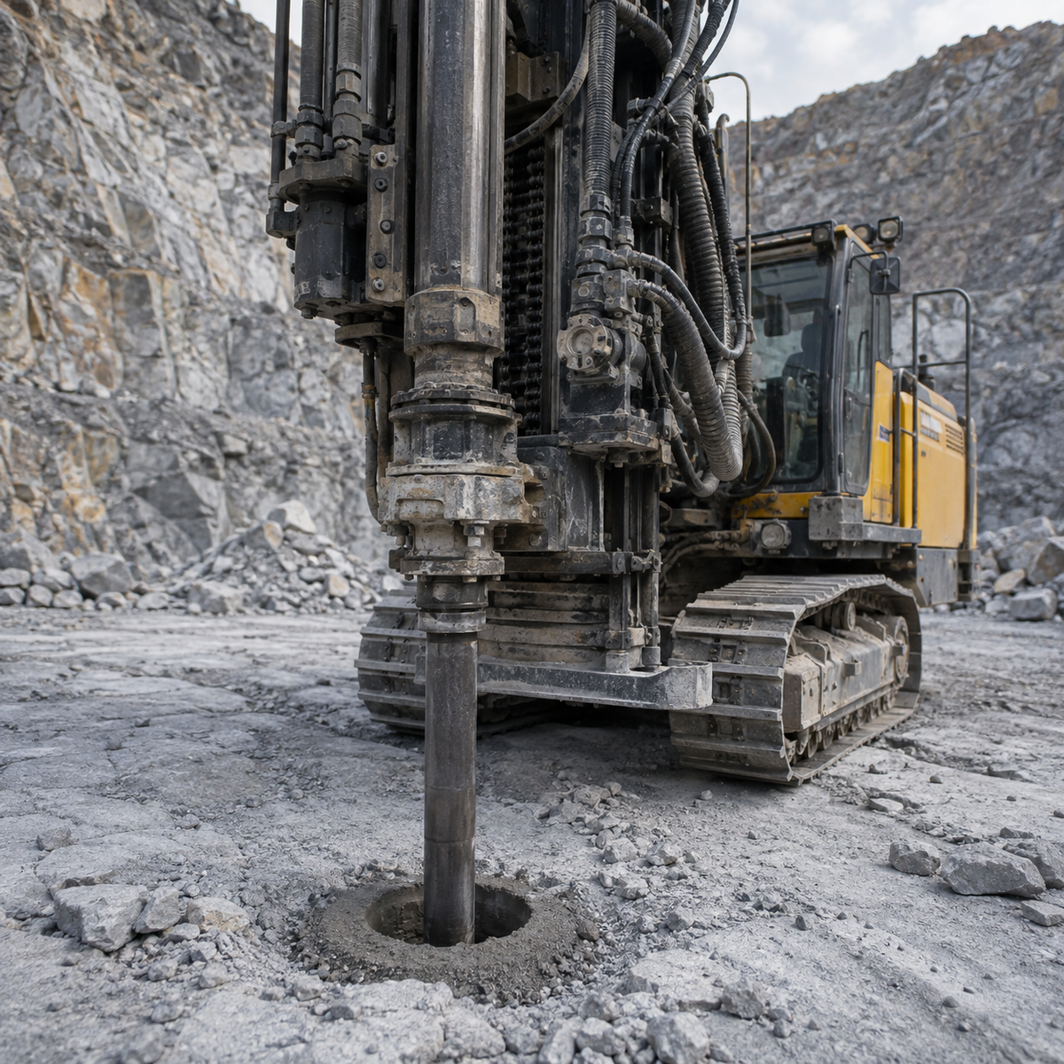 Top hammer drill rod entering a quarry blast-hole collar