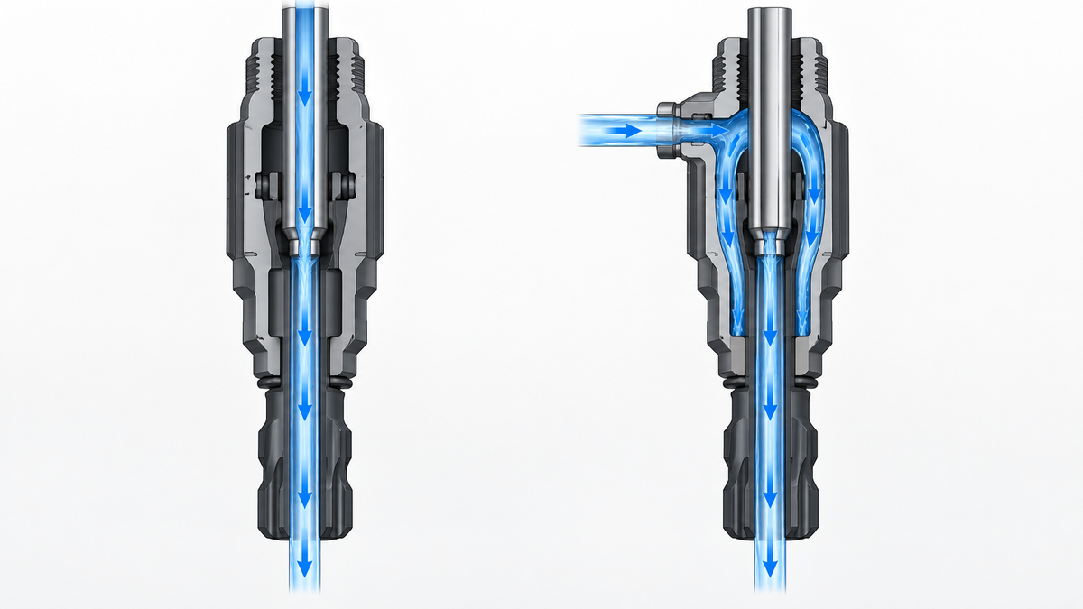 Cutaway comparison of internal and external flushing paths through a top hammer shank adapter