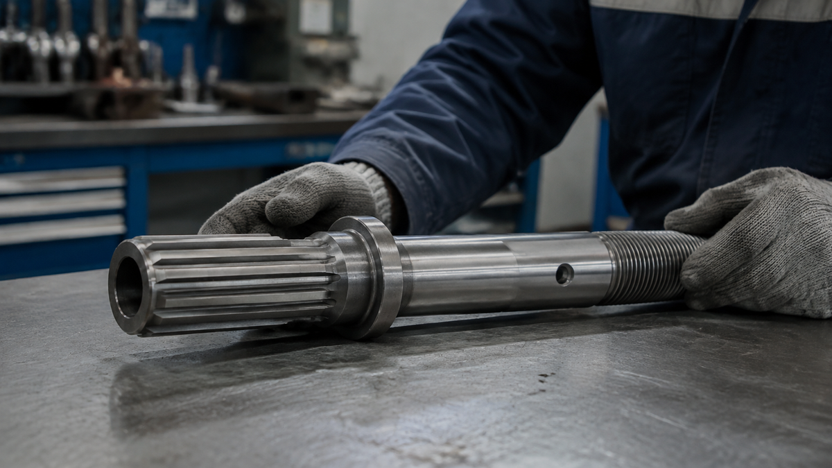 Top hammer shank adapter on a service bench for wear inspection