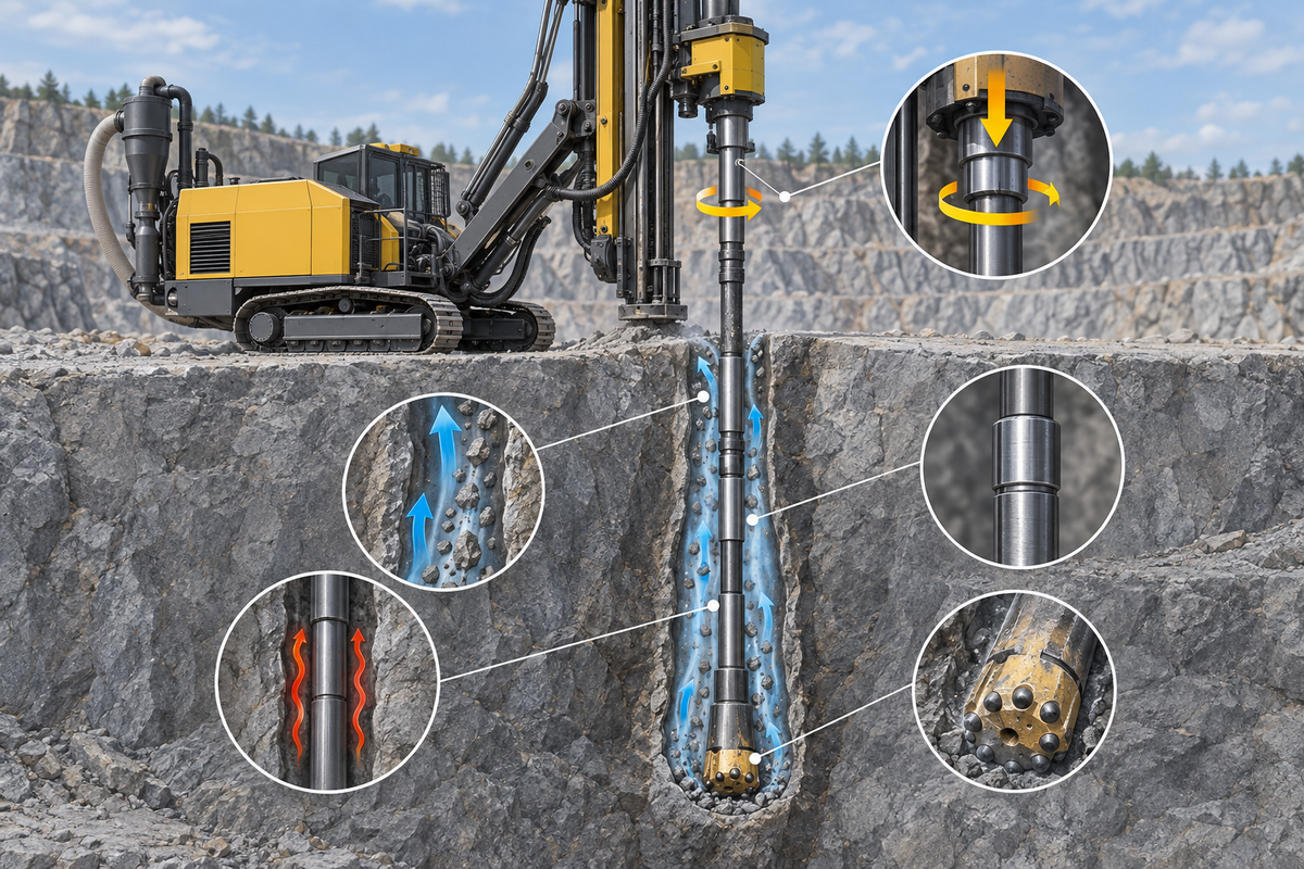 Top hammer drilling diagnostic showing feed, rotation, flushing and drill-string checks for slow penetration