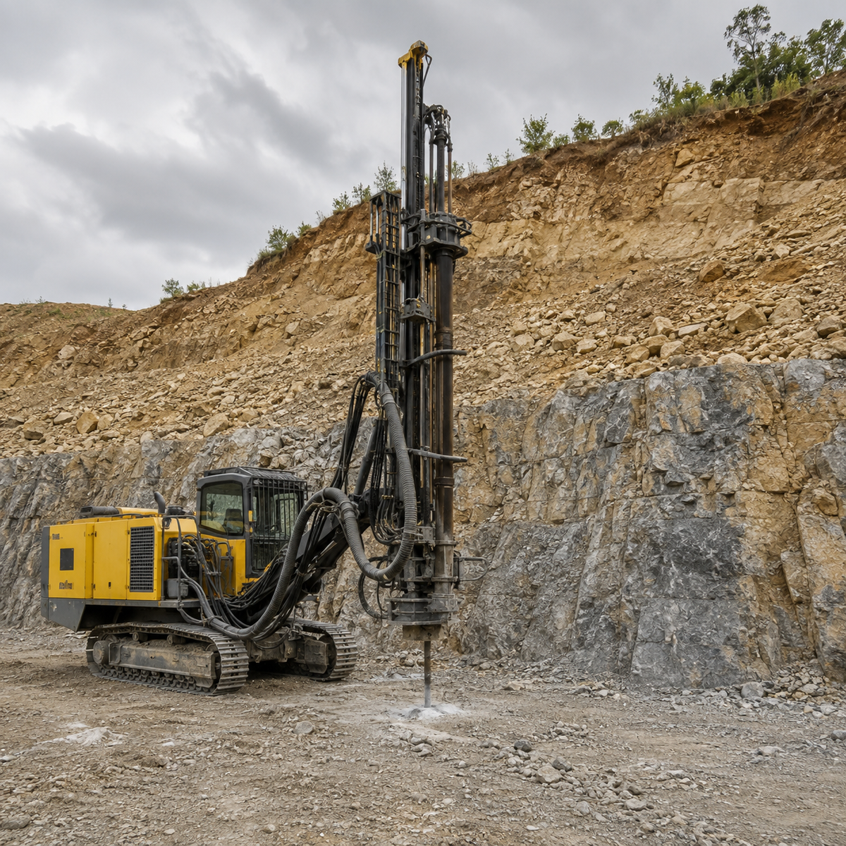 Top hammer drill rig working on a quarry bench with weathered rock