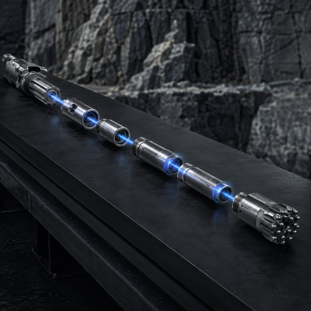 Top hammer drill string showing percussion energy traveling from shank adapter to button bit
