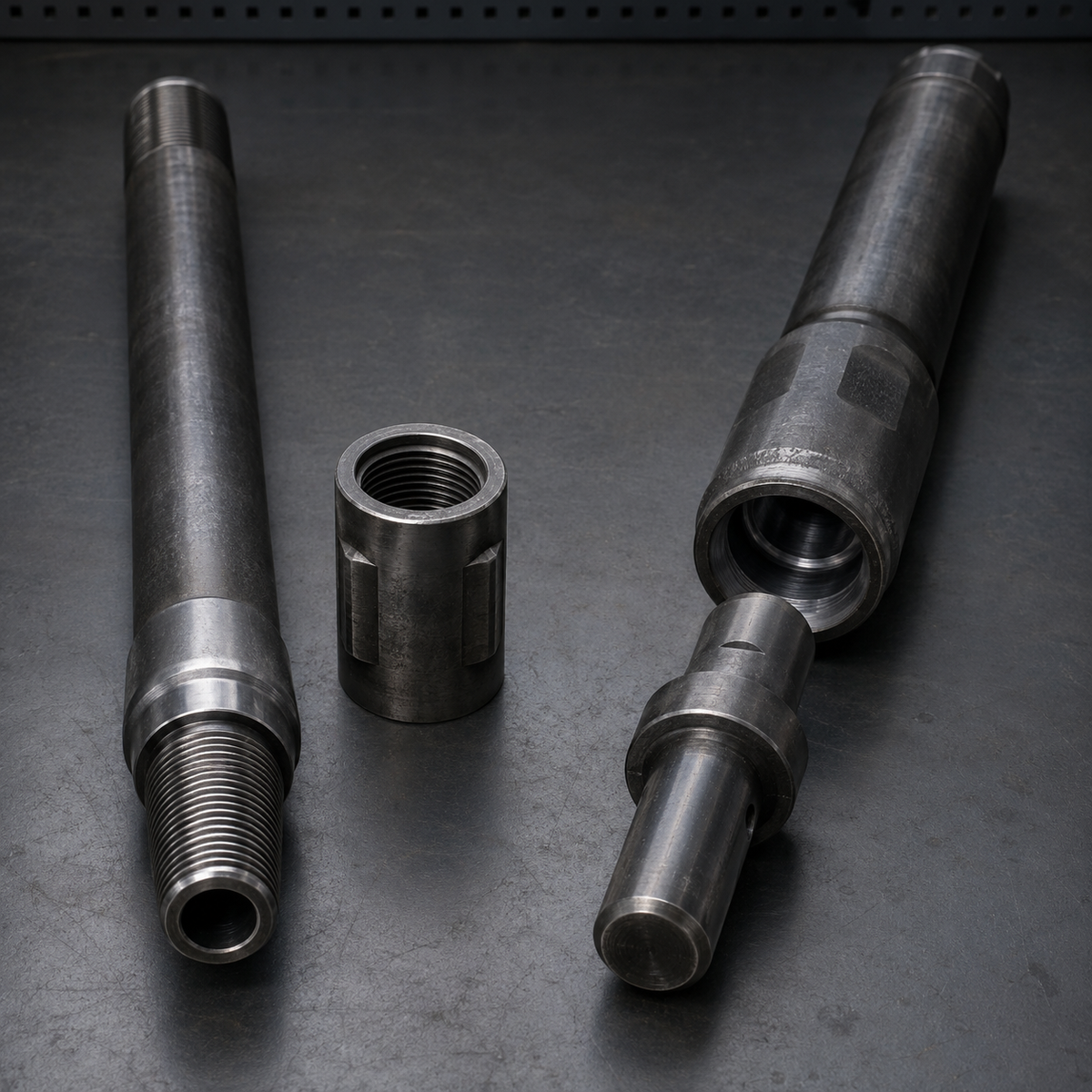 Top hammer extension rod and DTH drill pipe connections displayed side by side