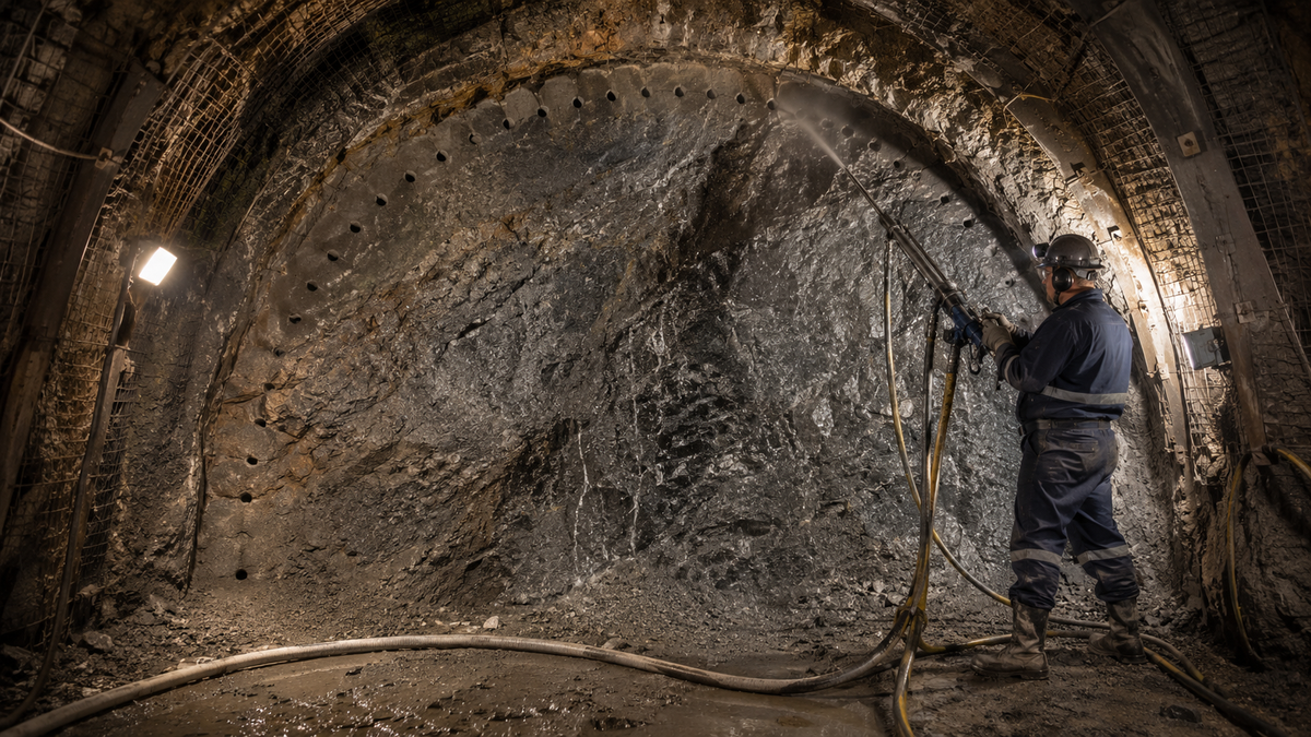 Air-leg pneumatic rock drill working on an empty perimeter hole at a tunnel face