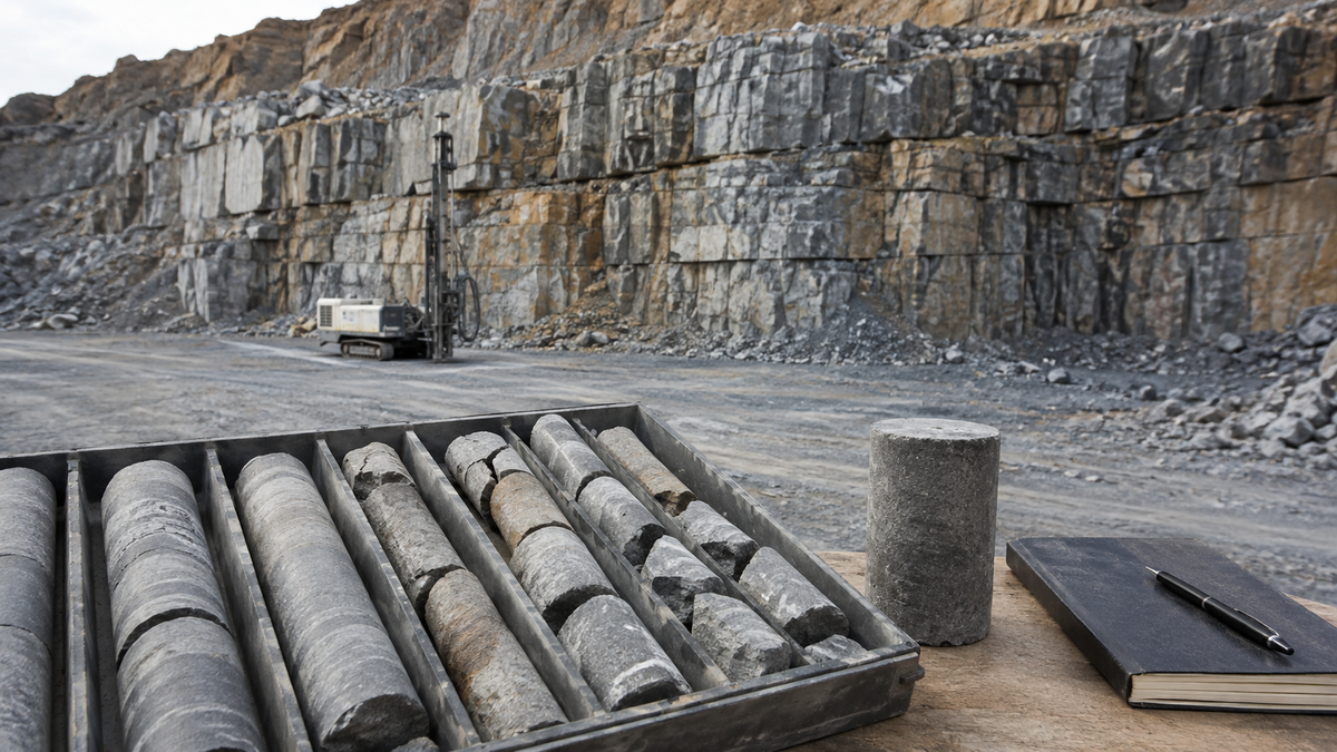 Rock core tray and jointed quarry face illustrating intact rock strength versus rock mass quality