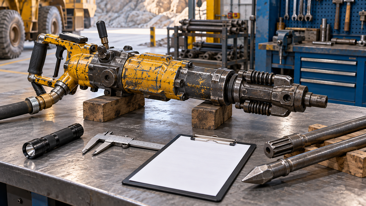 Used pneumatic rock drill inspected for identity, body, controls, chuck, retainer and interfaces before purchase