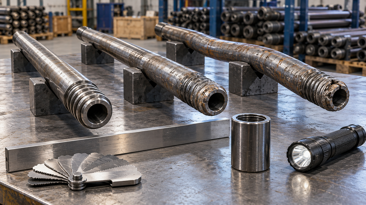 Used top-hammer drill rods compared for thread wear, straightness, damage and controlled reuse