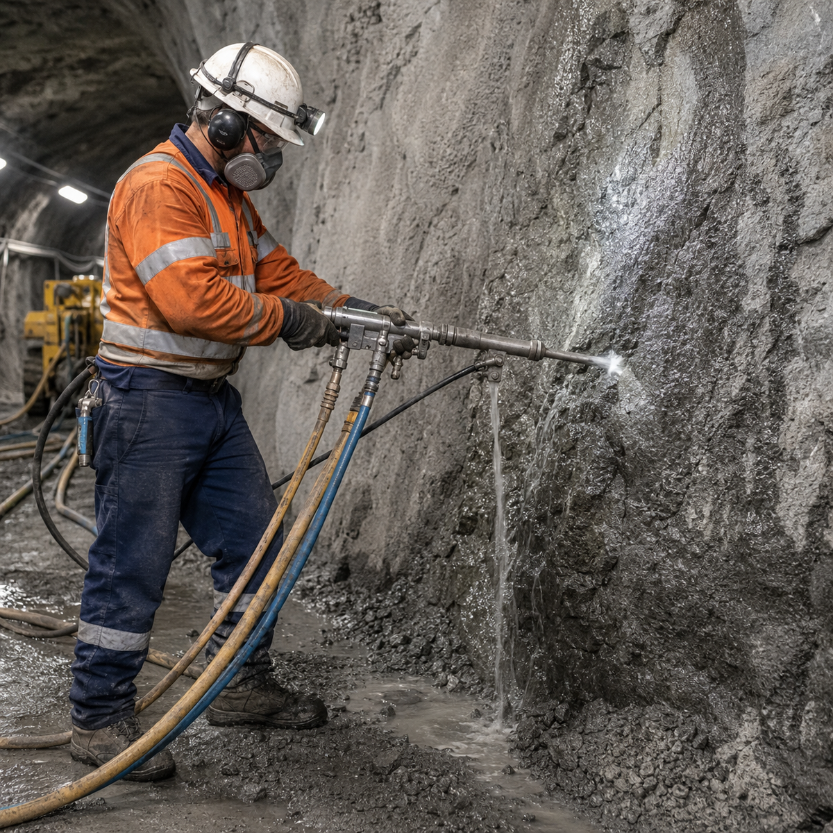 Operator using a water-flushed pneumatic rock drill against an underground rock face