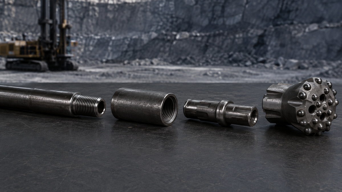 Top hammer drill string components with threaded rod, coupling, adapter, and button bit