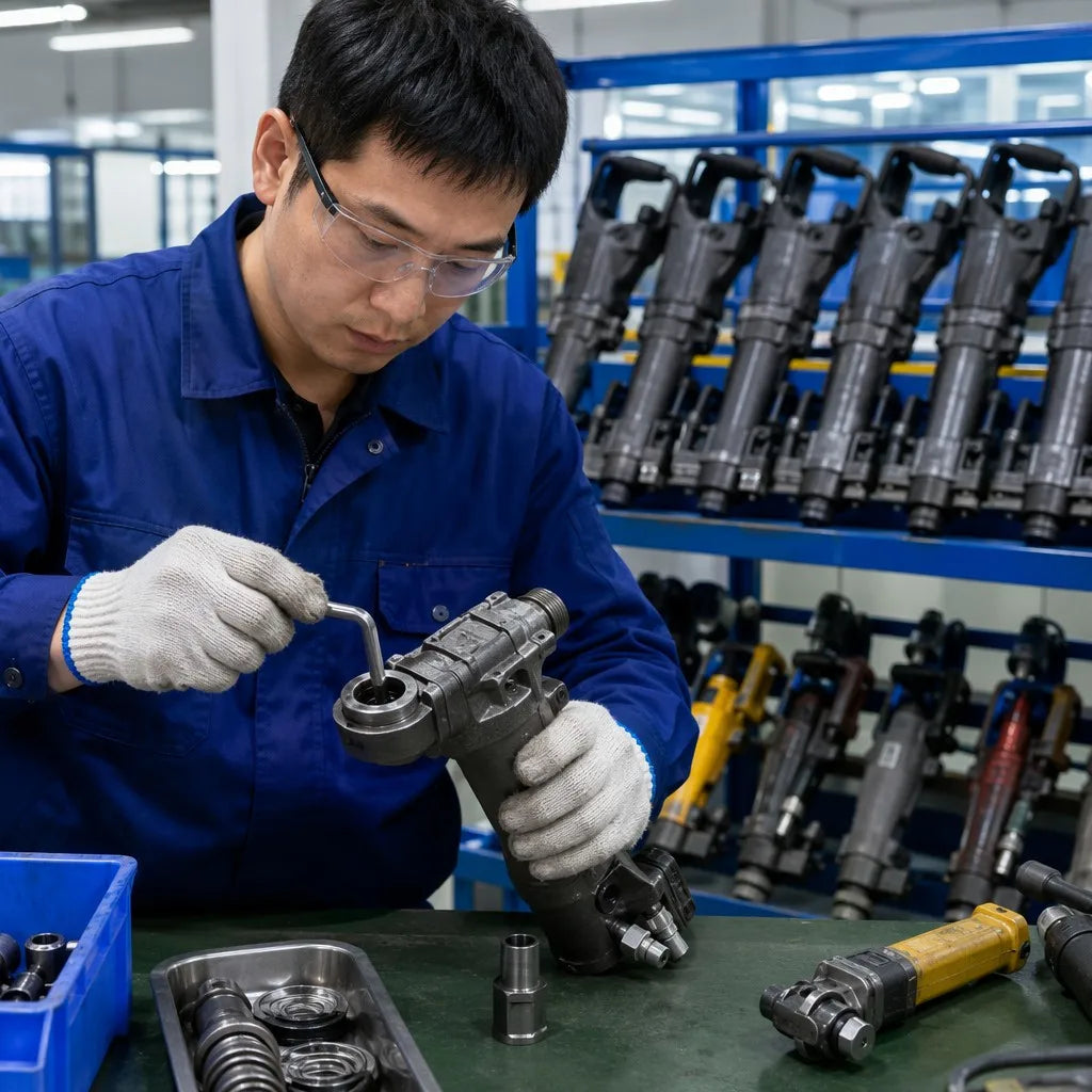 Y19A pneumatic rock drill chuck and shank fit inspection on a workshop bench