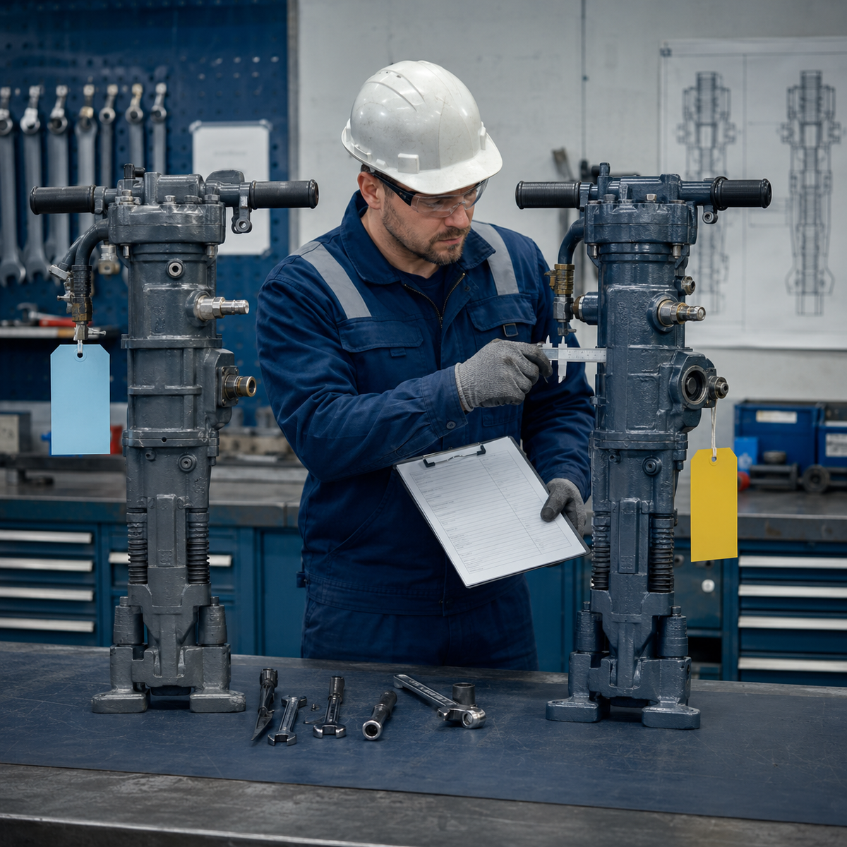 Technician comparing two YT24-family pneumatic rock drills before quotation