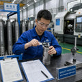 Quality inspection of DTH hammer components — technician measuring with digital calipers, finished hammer bodies on rack, CNC machining equipment in background