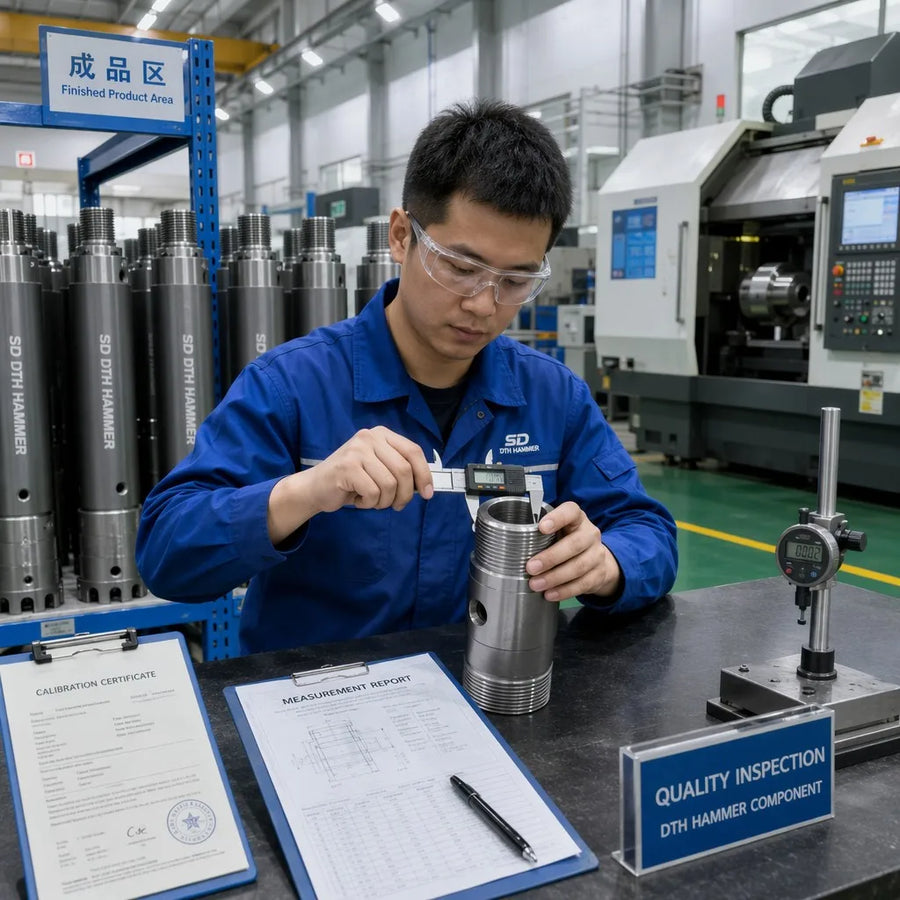 Quality inspection of DTH hammer components — technician measuring with digital calipers, finished hammer bodies on rack, CNC machining equipment in background
