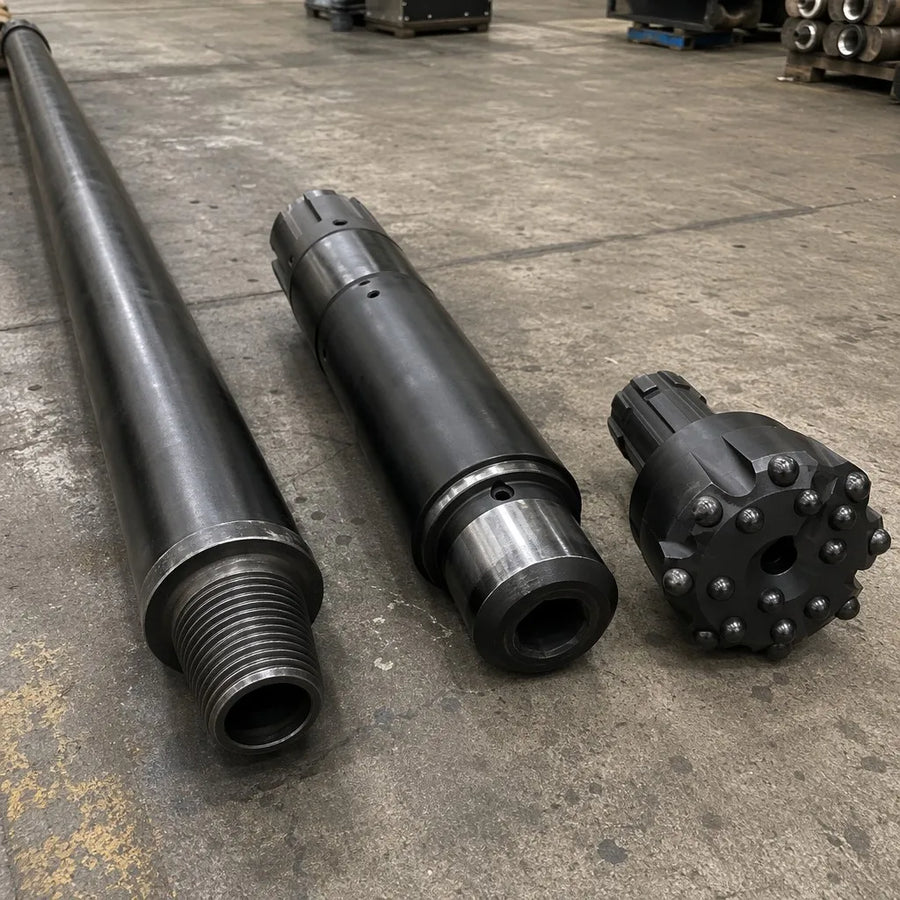 DTH drill pipe, hammer and matched button bit arranged as a complete drilling system