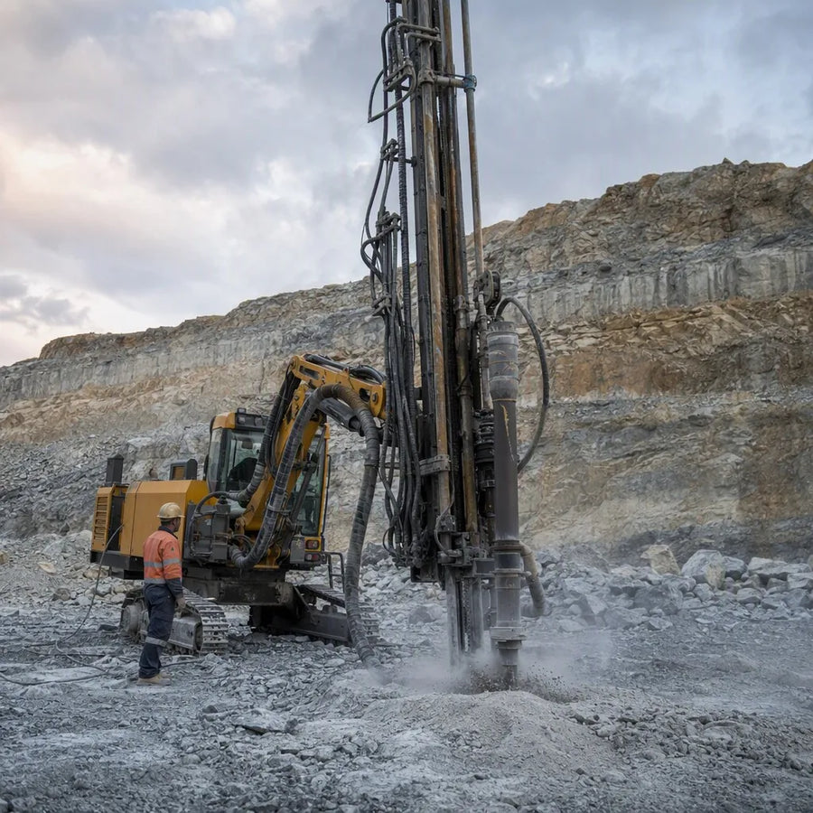DTH drill rig operating at an open-pit hard rock bench with visible hammer and pipes